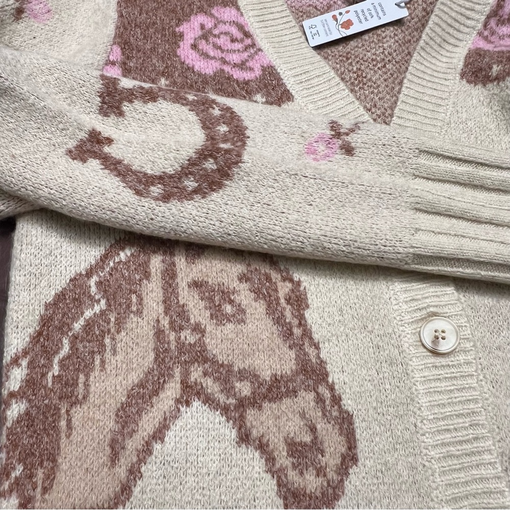 Anthropologie Haute Hippie Horse & Rose Fair Isle Knit Cardigan Cream & Pink NWT - Picture 4 of 6